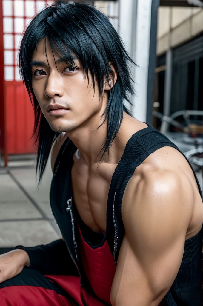 1 Japanese rocker, male, Asian eyes, Visual kei hairstyle, pretty face, hyperrealistic, realistic representation, ultra detailed face and eyes, muscular, broad shoulders, rocker clothing, 40 years, black hair