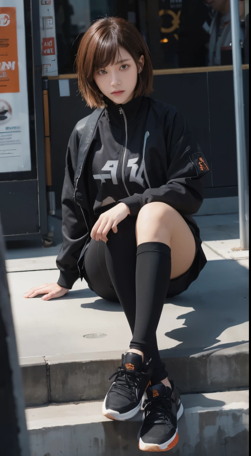 Nobara, jujutsu kaisen, brown hair, friendly face, black jacket, sneaker shoes, modern city background, detailed face, detailed eyes, detailed hand, detailed hair, ultra realistic, ultra detailed, best quality, masterpiece.