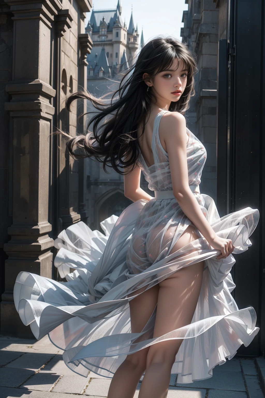 ((Girl standing in front of the castle wall))、(Rear view)、(look back)、Fluorescent color、One Girl、Looking to the side、Beautiful Face、Beautiful Eyes、(From the shoulder down:1. 2)、Upper Body、Shiny Hair、Glowing Skin、Reduce glare、Adjust finger proportions、eyebrow、Butt、Dynamic Angle、((Master part))、((Highest quality))、((Ultra Details))、(An illustration)、(Detailed light)、(Very delicate and beautiful)、Dramatic Shadows、Ray tracing、reflection、Ultra-high resolution、((Master part))、((Highest quality))、((Ultra HD))。 Ultra-high resolution、((Colorful and black hair mesh girl))、Her hair flutters in the wind、(Big deep blue eyes)、Black-haired woman、Sparkling Butterfly、black-。 Black Haired Woman、Spots of light around the woman、Magical Aura、Green dot、About Aura Natural、超魔法的オーラBlack Haired Woman、 ((Semi-transparent light blue open shoulder dress: 1. 3)、(Sleeveless)、((The skirt is soaring in the wind))、((An old European castle is hazy in the distance))、