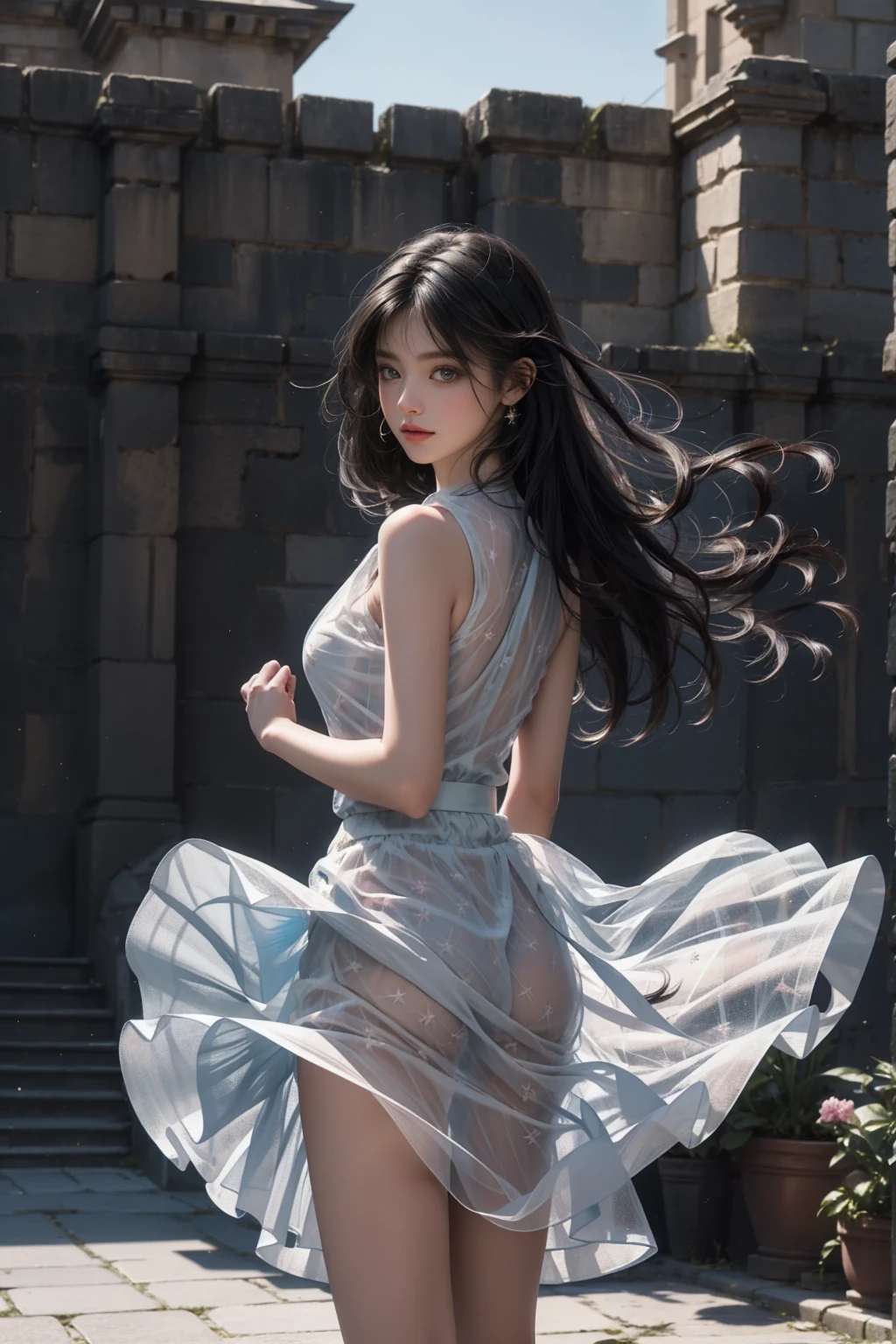 ((Girl standing in front of the castle wall))、(Rear view)、(look back)、Fluorescent color、One Girl、Looking to the side、Beautiful Face、Beautiful Eyes、(From the shoulder down:1. 2)、Upper Body、Shiny Hair、Glowing Skin、Reduce glare、Adjust finger proportions、eyebrow、Butt、Dynamic Angle、((Master part))、((Highest quality))、((Ultra Details))、(An illustration)、(Detailed light)、(Very delicate and beautiful)、Dramatic Shadows、Ray tracing、reflection、Ultra-high resolution、((Master part))、((Highest quality))、((Ultra HD))。 Ultra-high resolution、((Colorful and black hair mesh girl))、Her hair flutters in the wind、(Big deep blue eyes)、Black-haired woman、Sparkling Butterfly、black-。 Black Haired Woman、Spots of light around the woman、Magical Aura、Green dot、About Aura Natural、超魔法的オーラBlack Haired Woman、 ((Semi-transparent light blue open shoulder dress: 1. 3)、(Sleeveless)、((The skirt is soaring in the wind))、((An old European castle is hazy in the distance))、