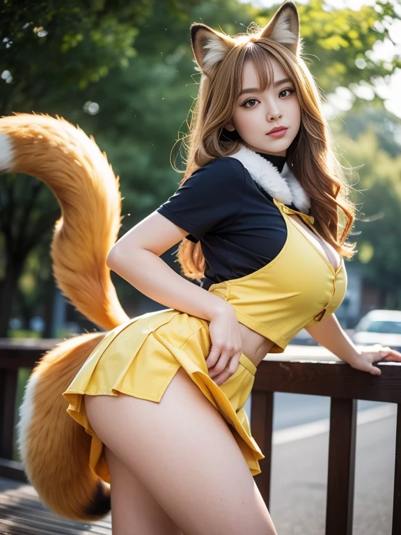 ((Highest quality, 8k)), ((masterpiece)), (Highest Resolution), Perfect Face, fox girl, high school girl, Beautiful woman, public, Has one tail, She has thick thighs, a large tail, She has a yellow fox tail., She wags her tail, Troubled face, fur collar, She wears a short skirt, Beautiful Hips , Big Breasts, The skirt is rolled up with a big tail