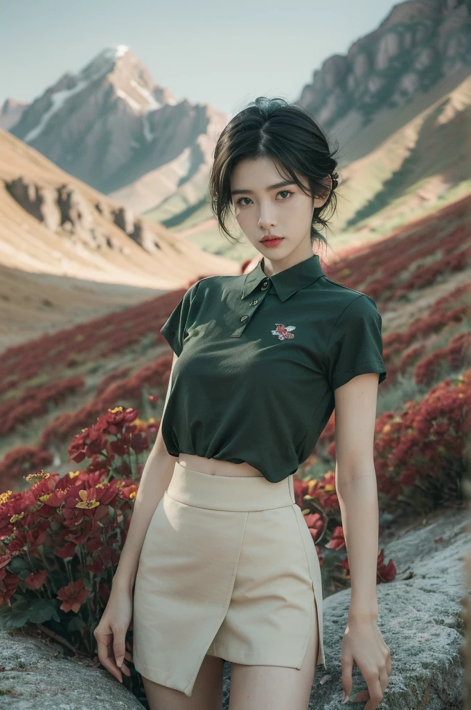 (((best quality))),(((ultra detailed))),(((masterpiece))),illustration,((1 beautiful girl,tomboy,solo)),(short black hair:1.3),((slim,thin)),((small breasts,thin)), vigorous, confident, (light green collared short-sleeved shirt:1.3), (dark green skirt:1.2),(slender legs:1.2),(standing:1.3),simplicity, robustness, strong features, (Abandoned Gobi Scene:1.3),(Rock surface:1.2),glowing eyes, rebellious, sensible, (mountainous landscape:1.3), (beside a vibrant red flower:1.3),elegance, unyielding spirit, youthful beauty, strength, resilience, adversity, challenges,((from front,upper body))