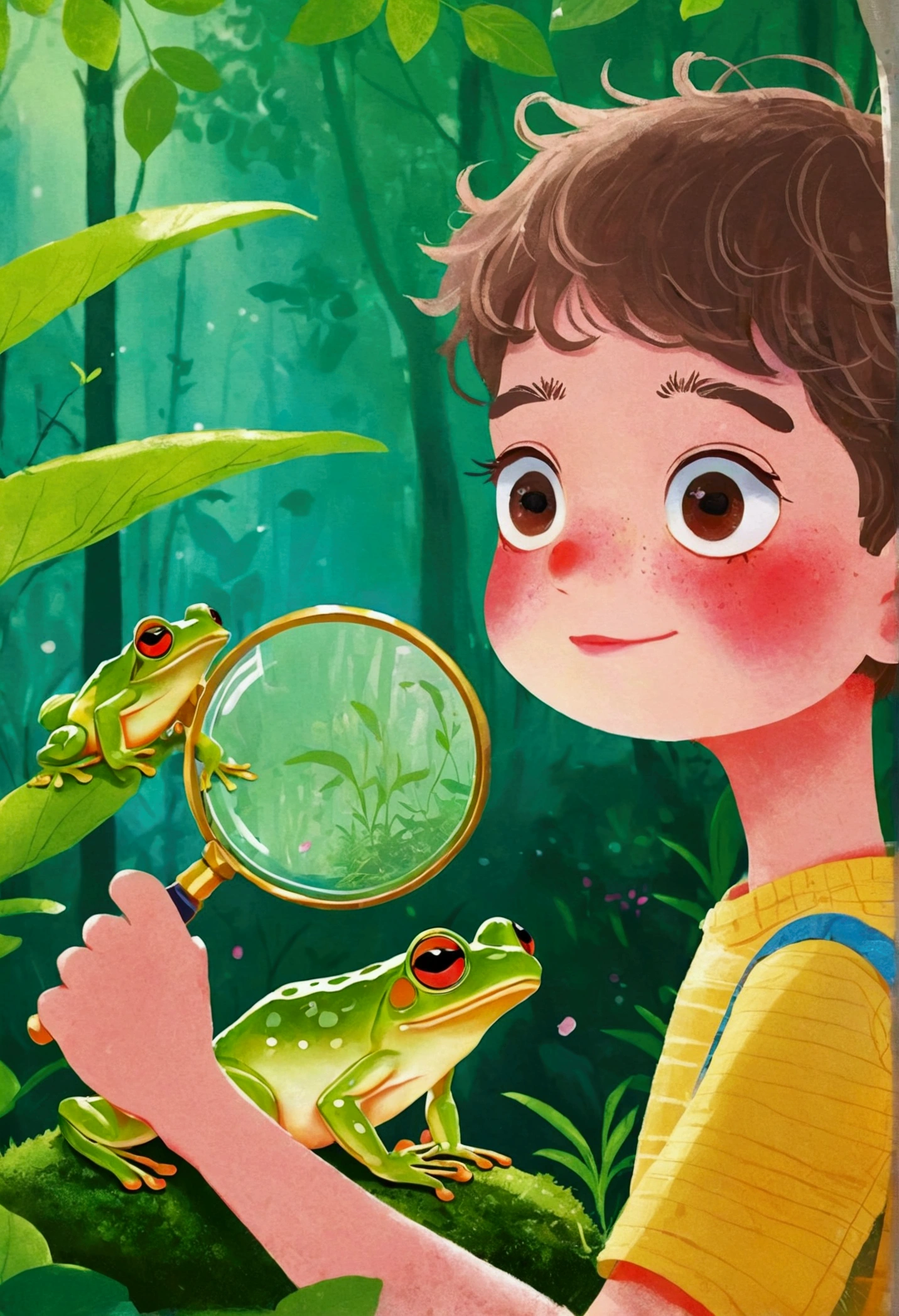 illustration：A boy in the forest observing plants through a magnifying glass。 梅青 的故事书illustration, devianart contest winners, Concept Art, 儿童书籍illustration, 儿童书籍illustration, 儿童书籍illustration, 儿童书籍illustration, colorful 儿童书籍illustration, 儿童书籍illustration, Children&#39;s illustrations, 儿童书籍illustration, 故事书illustration, Children&#39;s illustrations