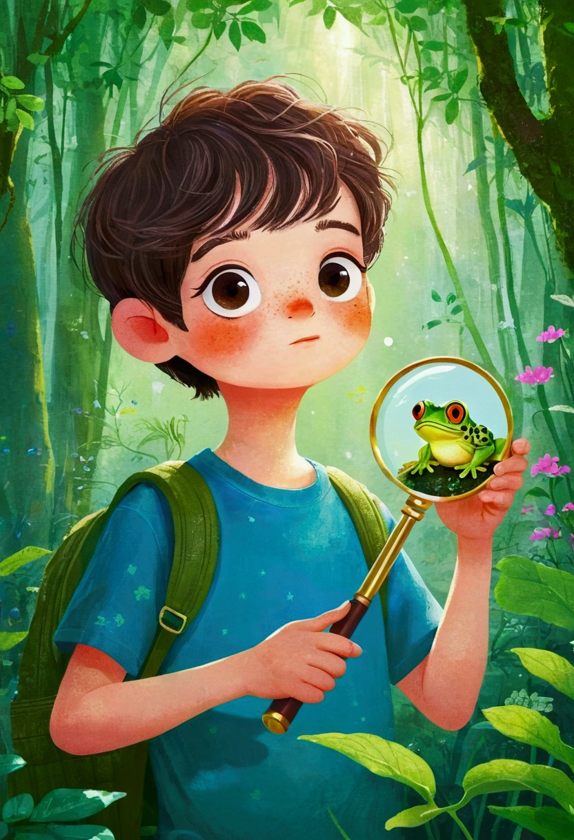 illustration：A boy in the forest observing a frog through a magnifying glass, 梅青 的故事书illustration, devianart contest winners, Concept Art, ??书籍illustration, ??书籍illustration, ??书籍illustration, ??书籍illustration, colorful ??书籍illustration, ??书籍illustration, Children&#39;s illustrations, ??书籍illustration, 故事书illustration, Children&#39;s illustrations