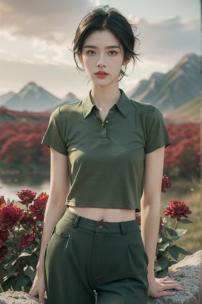 (((best quality))),(((ultra detailed))),(((masterpiece))),illustration,((1 beautiful girl,tomboy,solo)),(short black hair:1.3),((slim,thin)),((small breasts,thin)), vigorous, confident, (light green collared short-sleeved shirt:1.3), (dark green pants:1.2),(slender legs:1.2),(standing:1.3),simplicity, robustness, strong features, (Abandoned Gobi Scene:1.3),(Rock surface:1.2),glowing eyes, rebellious, sensible, (mountainous landscape:1.3), (beside a vibrant red flower:1.3),elegance, unyielding spirit, youthful beauty, strength, resilience, adversity, challenges,((from front,upper body))