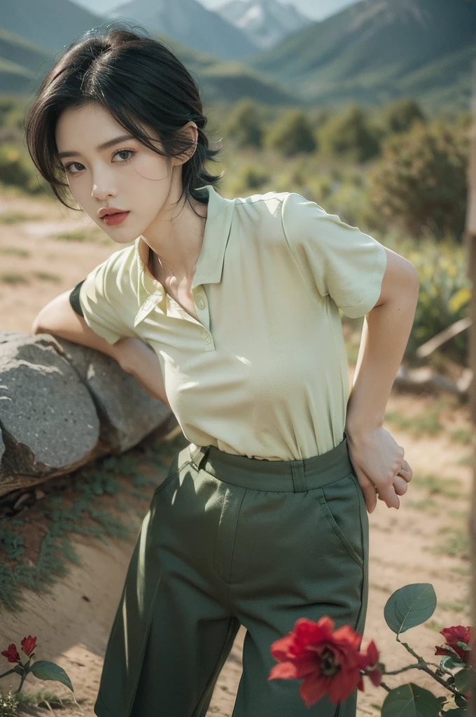 (((best quality))),(((ultra detailed))),(((masterpiece))),illustration,((1 beautiful girl,tomboy,solo)),(short black hair:1.3),((slim,thin)),((small breasts,thin)), vigorous, confident, (light green collared short-sleeved shirt:1.3), (dark green pants:1.2),(slender legs:1.2),(standing:1.3),simplicity, robustness, strong features, (Abandoned Gobi Scene:1.3),(Rock surface:1.2),glowing eyes, rebellious, sensible, (mountainous landscape:1.3), (beside a vibrant red flower:1.3),elegance, unyielding spirit, youthful beauty, strength, resilience, adversity, challenges,((from front,upper body))
