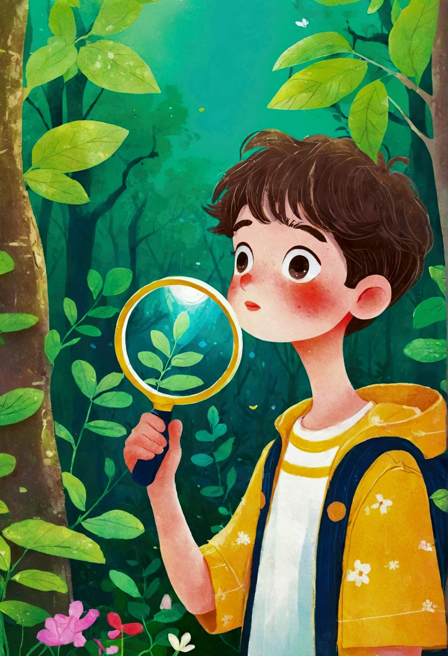 illustration：A boy in the forest observing plants through a magnifying glass。 梅青 的故事书illustration, devianart contest winners, Concept Art, 儿童书籍illustration, 儿童书籍illustration, 儿童书籍illustration, 儿童书籍illustration, colorful 儿童书籍illustration, 儿童书籍illustration, Children&#39;s illustrations, 儿童书籍illustration, 故事书illustration, Children&#39;s illustrations