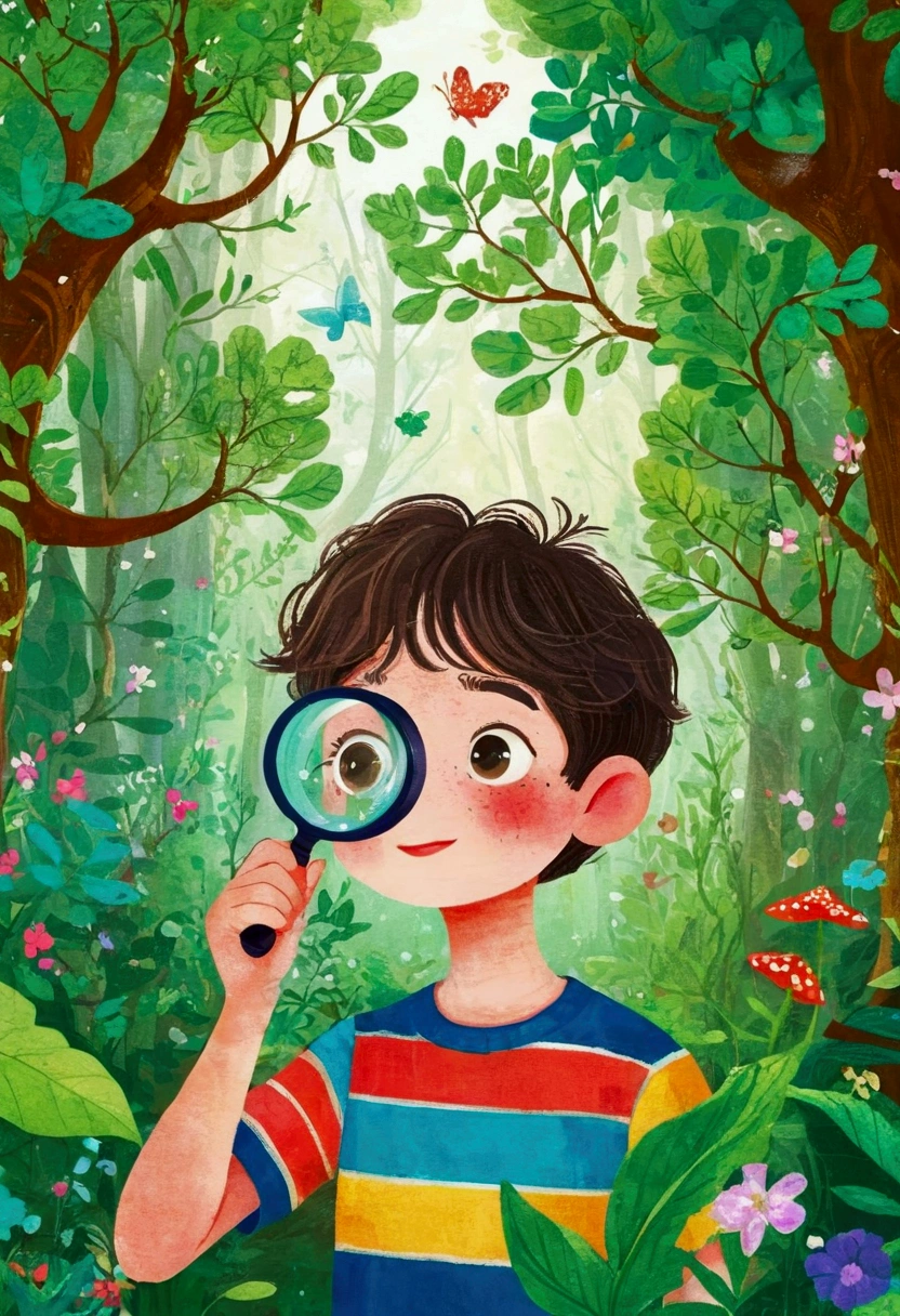illustration：A boy in the forest observing plants through a magnifying glass。 梅青 的故事书illustration, devianart contest winners, Concept Art, 儿童书籍illustration, 儿童书籍illustration, 儿童书籍illustration, 儿童书籍illustration, colorful 儿童书籍illustration, 儿童书籍illustration, Children&#39;s illustrations, 儿童书籍illustration, 故事书illustration, Children&#39;s illustrations