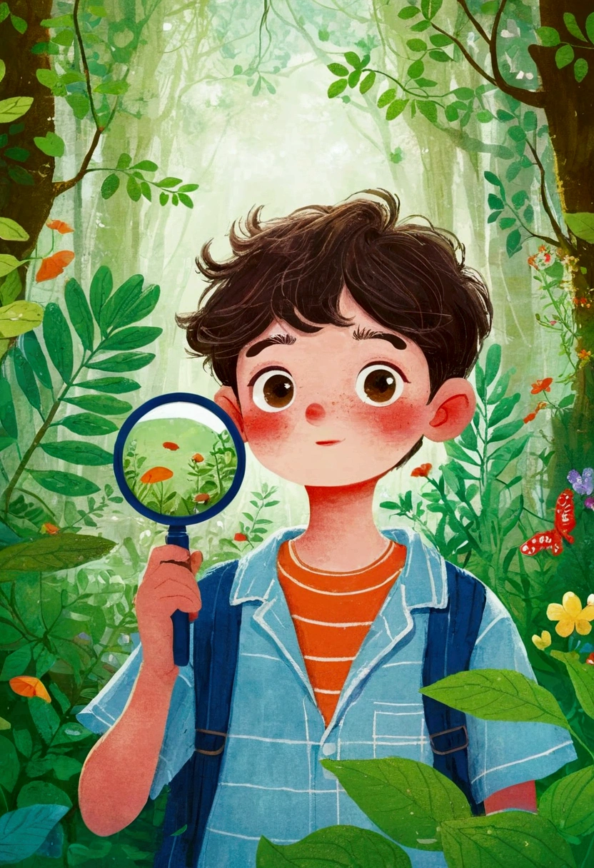 illustration:A boy in the forest observing Mei Qing through a magnifying glass - storybook illustration, devianart contest winners, Concept Art, Children's book illustration, Children's book illustration, Children's book illustration, Children's book illustration, colorful Children's book illustration, Children's book illustration, Children's illustrations, Children's book illustration, storybook illustration, Children's illustrations