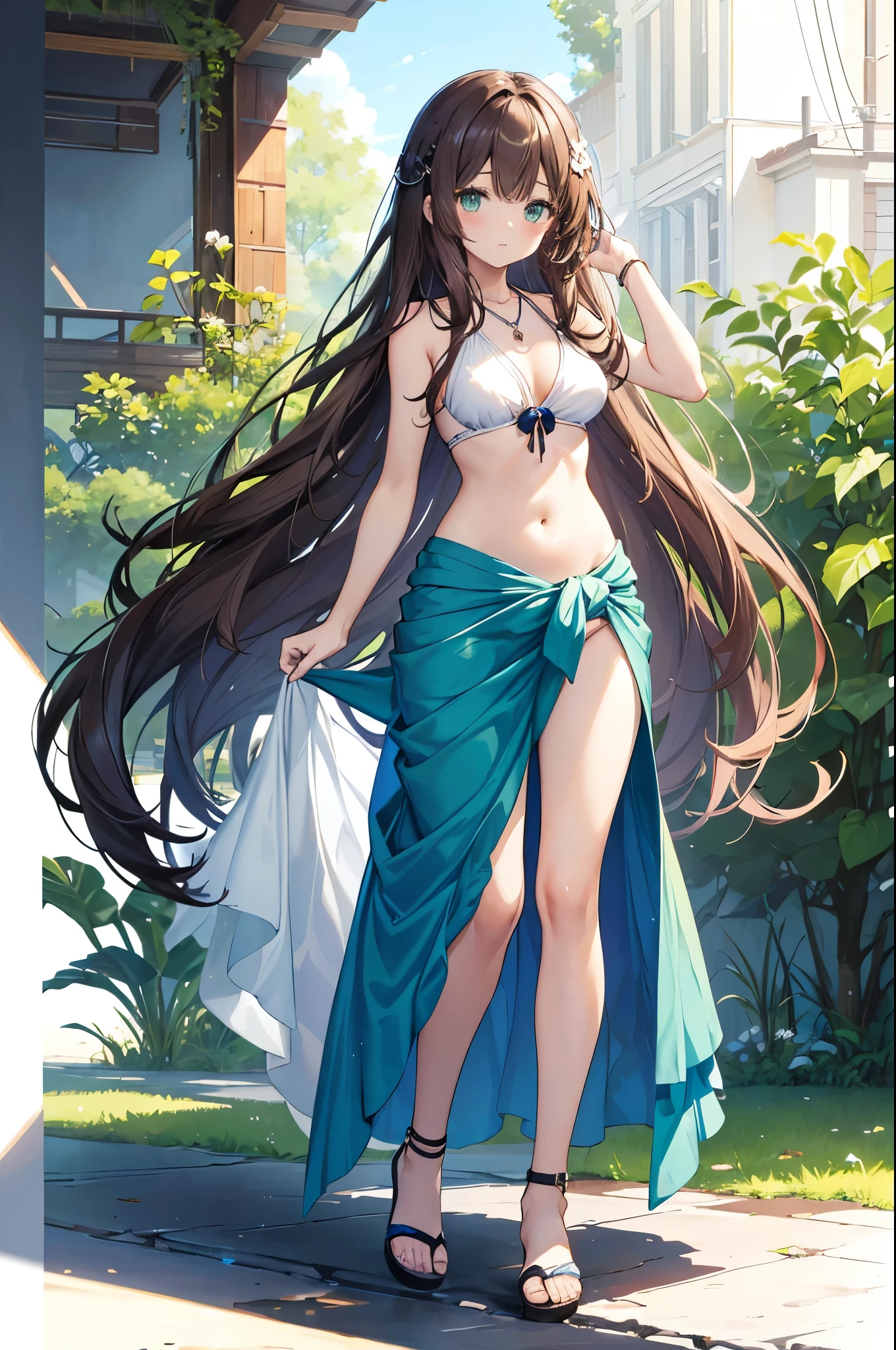 {{masterpiece}}, The best quality of life, 、Dark brown long hair down to the waist、Anime Girls with brown long hair, Cute female anime visuals,Anime full body illustration, Anime Moe Art Style, Anime characters, (Anime Girls)、(Green Eyes)、Expressionless adult woman、Small Necklace、((White background))、White halter bikini、She is wearing a light blue sarong around her waist.、A woman standing in white sandals、Large Breasts,Woman standing facing the front、tall、Stylish woman、The belly button is visible
