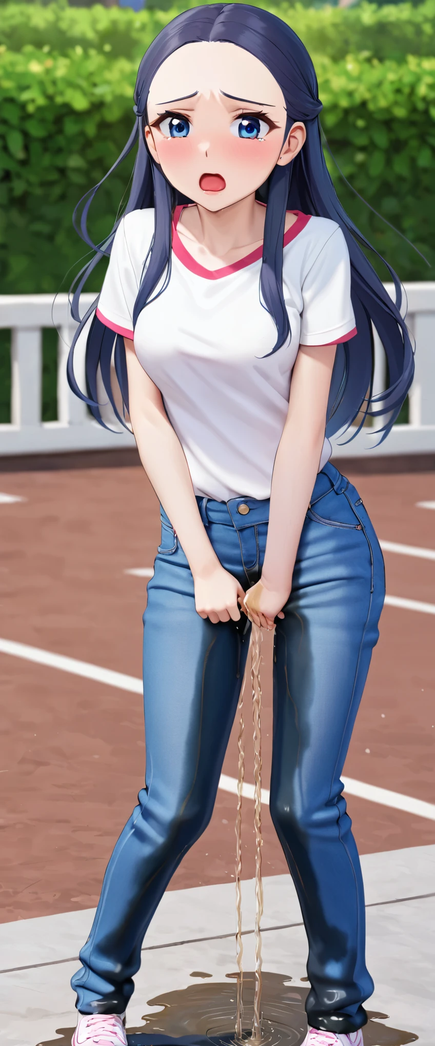 ((best quality, masterpiece:1.3, 8K)), (detailed), highly detailed face and skin texture, detailed eyes, full body, outdoor, (slender body:1.1), 1girl, (solo), (18+ years old), white skin, bright lips, worried, embarrassed, panicking, long hair, (forehead:1.0), (energetic outfit:1.2), medium breast, (jeans pants:1.5, blue jeans:1.5), (((wetting herself:1.8))), desperation:1.2,