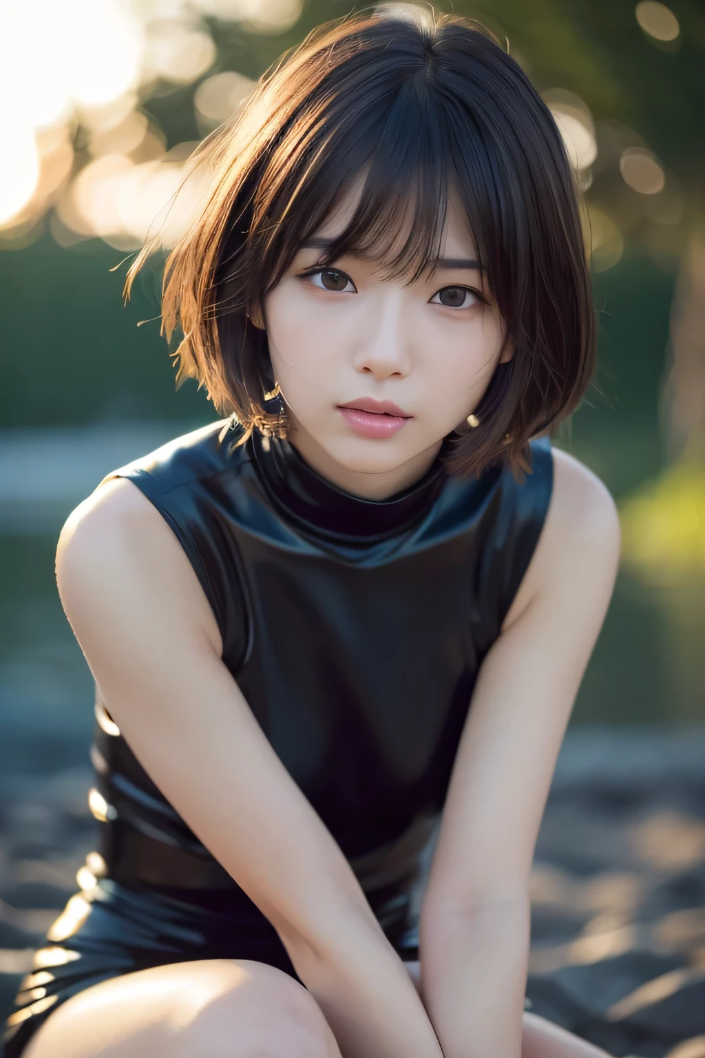 (Hyper Reality: 1.35), (Realistic: 1.4), A beautiful Japanese woman, smile, alone. light makeup, masterpiece, 最high quality, high quality, alone, Very good, puberty, Only one girl, Well-trained slim body, muscular, slim body, breasts apart, (最high quality)),((Very delicate and beautiful)),((Very shallow depth of field)), ((Incredibly shallow depth of field)). family friendly, ((Very delicate and beautiful)), (((Very shallow depth of field))), (((Unbelievably absurd))), dark brown hair, blowing boyish bob hair, shag messy hair, wolf cut, big hair, windで揺れる髪, Slim body type, ((( Camera Eye)))), (((small ))), Looks like a salon model, Cool face, Neutral facial features,(ecstasy:1.3) ,(slut:1.2),(vulgarity:1.3),( silly:1.1),(steam:1.1),(Wet:0.8),(trembling:0.8),(tears:0.7) ,(drooling:0.6),(sweat:0.8),open mouth,  poor, my + background, Dynamic Angle, Focus on women, {Particles of light}, Detailed background, Soft lighting, (dramatic), sunset, very beautiful sunset, Live Action, Realistic, (blurred background), 11 years old, (((wind))), ((Movement)), ((emotion)), ((colorful)), ((Baby Face)), Wither, sea background, No makeup, high neck, Sleeveless, latex, turtleneck, (((whole body))), (((knees))),