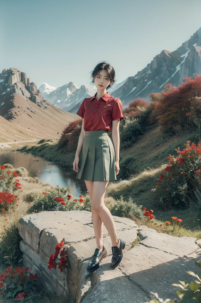 (((best quality))),(((ultra detailed))),(((masterpiece))),illustration,((1 beautiful girl,tomboy,solo)),(short black hair:1.3),((slim,thin)),((small breasts,thin)), vigorous, confident, (light green collared short-sleeved shirt:1.3), (dark green skirt:1.2),(slender legs:1.2),(black loafers:1.2),(standing:1.3),simplicity, robustness, strong features, (Abandoned Gobi Scene:1.3),(Rock surface:1.2),glowing eyes, rebellious, sensible, (mountainous landscape:1.3), (beside a vibrant red flower:1.3),elegance, unyielding spirit, youthful beauty, strength, resilience, adversity, challenges,((from front,full body))