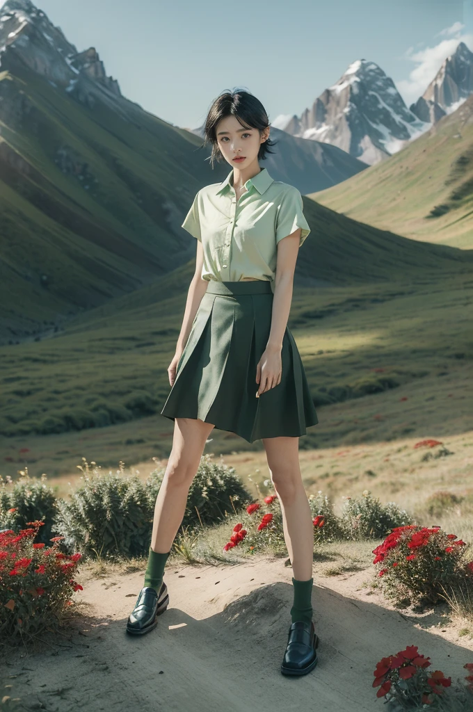 (((best quality))),(((ultra detailed))),(((masterpiece))),illustration,((1 beautiful girl,tomboy,solo)),(short black hair:1.3),((slim,thin)),((small breasts,thin)), vigorous, confident, (light green collared short-sleeved shirt:1.3), (dark green skirt:1.2),(slender legs:1.2),(black loafers:1.2),(standing:1.3),simplicity, robustness, strong features, (Abandoned Gobi Scene:1.3),(Rock surface:1.2),glowing eyes, rebellious, sensible, (mountainous landscape:1.3), (beside a vibrant red flower:1.3),elegance, unyielding spirit, youthful beauty, strength, resilience, adversity, challenges,((from front,full body))