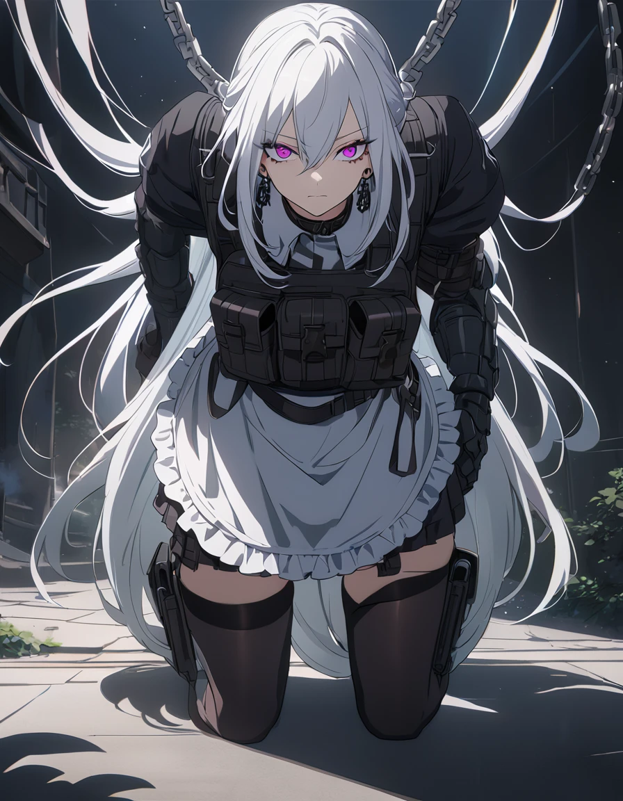 sovetsky_Soyuz, symmetric eyes, magenta eyes, long hair, earrings, choker, webbed belt, tactical, pouches, chain, black maid outfit, frills, apron, weapon Holster, webbed belt, tactical, pouches, skirt, metal gloves, black thigh highs, large breasts, sharp eyes, Long eyelashes, eye shadow, long white hair, ominous vibe, expressionless, stoic, bowing, dim manor, shadowy, Ultra quality, UHD, high detail, anime aesthetic, Anime screenshot, Ultra quality, UHD, high detail