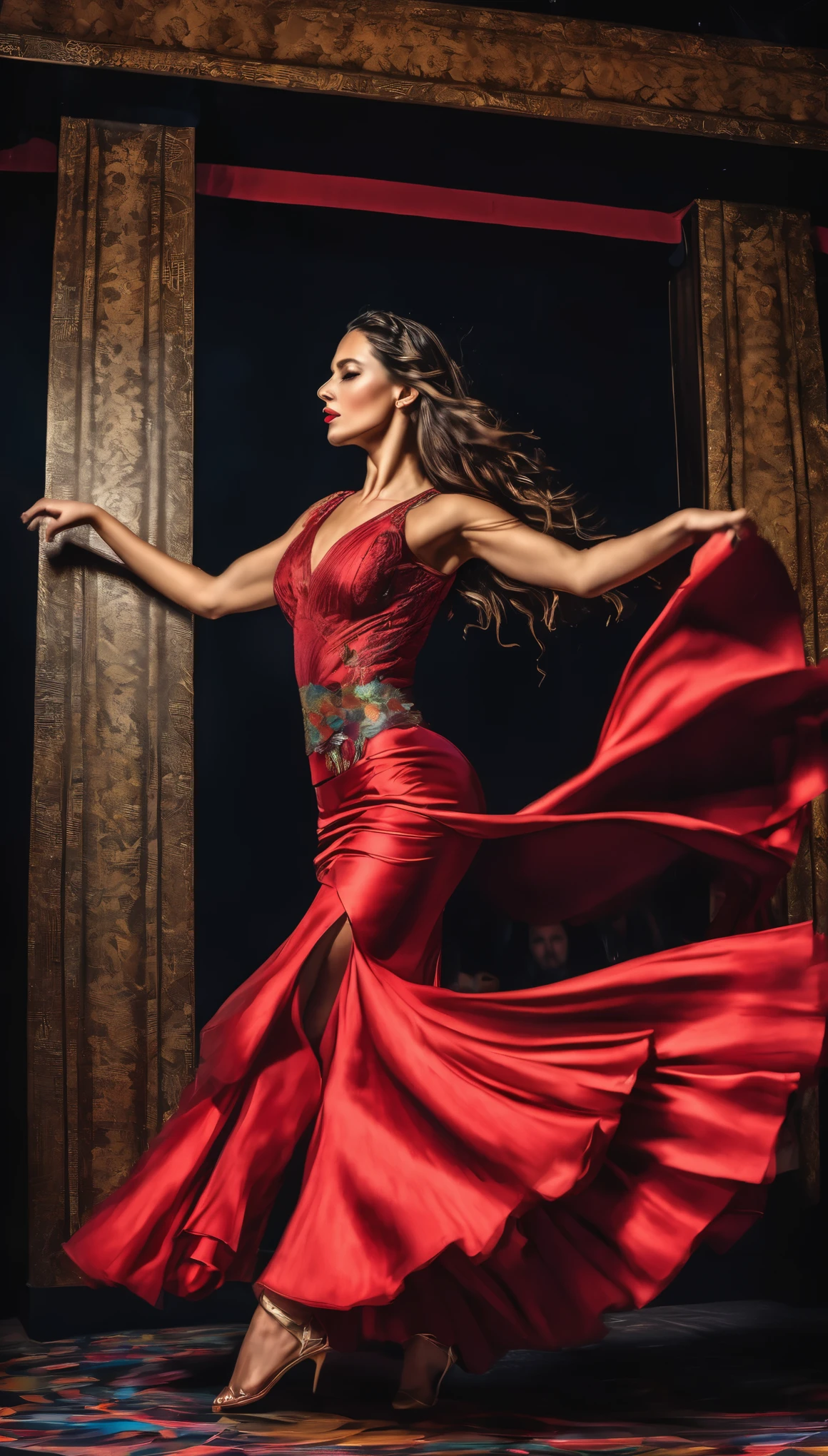 Highest quality, Realistic, photoRealistic, Award-winning photography, (Intricate details: 1.2), (Subtle details), (Intricate details), (Cinematic Light, Super sexy long hair woman, flamenco dancer, dance stage, huge bouncing chests, sexy long legs, dynamic sexy pose, sexy flamenco dancer's dress, long skirt, high heels, , Full body close-up),