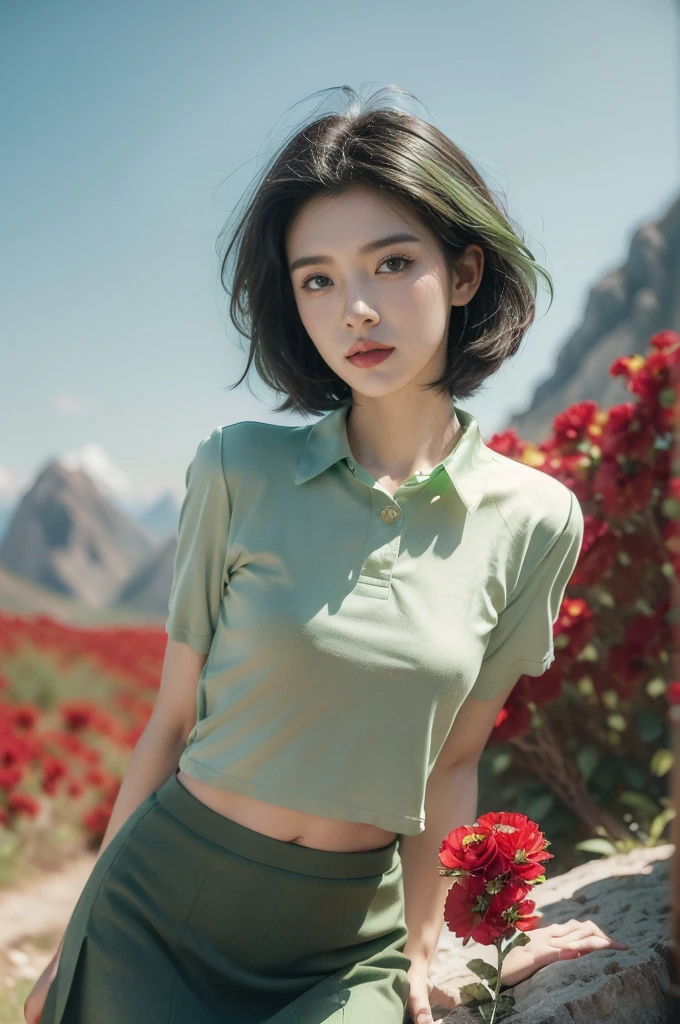 (((best quality))),(((ultra detailed))),(((masterpiece))),illustration,((1 beautiful girl,tomboy,solo)),(short black hair:1.3),((slim,thin)),((small breasts,thin)), vigorous, confident, (light green collared short-sleeved shirt:1.3), (dark green skirt:1.2),(slender legs:1.2),(standing:1.3),simplicity, robustness, strong features, (Abandoned Gobi Scene:1.3),(Rock surface:1.2),glowing eyes, rebellious, sensible, (mountainous landscape:1.3), (beside a vibrant red flower:1.3),elegance, unyielding spirit, youthful beauty, strength, resilience, adversity, challenges,((from front,upper body))
