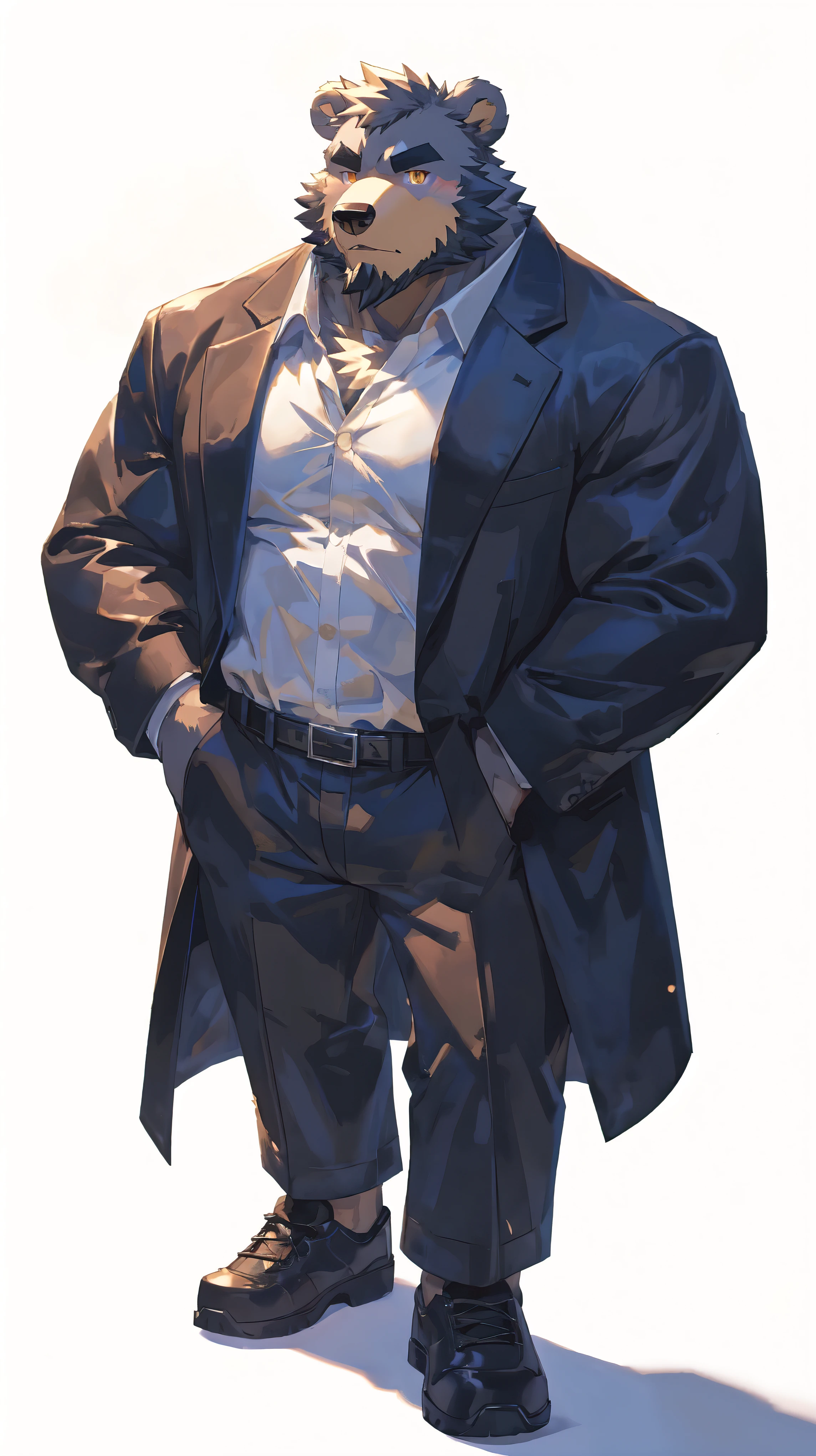 (masterpiece:1.2), best quality,pixiv,official art,perfect anatomy, (Ray tracing, light),solo, (1_male:1.3) , (muscle), (grey fur:1.4), (muscle bear), (beard:1.2), (gleaming golden eyes), bear tail, full body, Thick black eyebrows, trench coat,loose shirt, pants, shoes, (pure white background: 1.3)