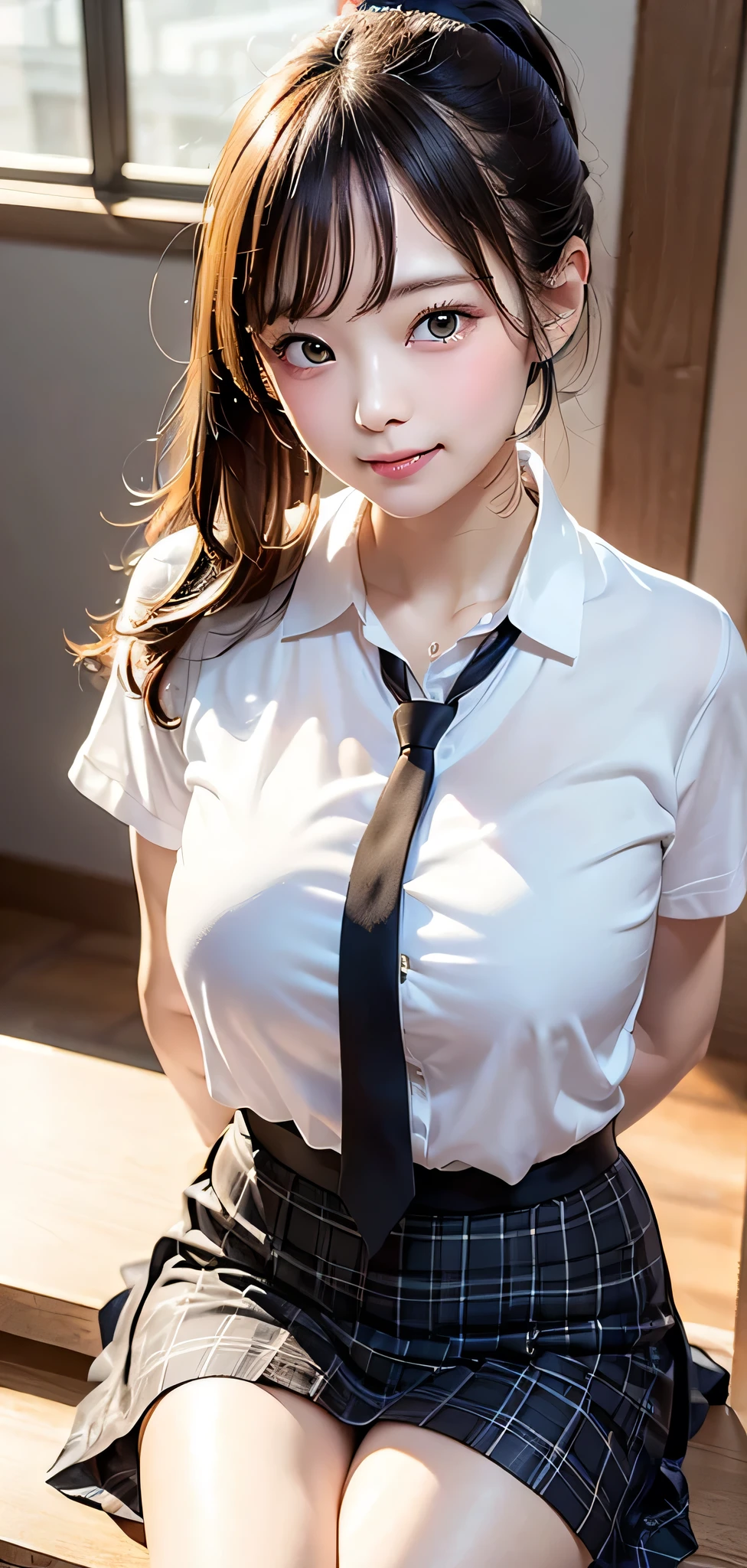 (classroom), (Beautiful and vibrant background), ((((Huge_chest)))),  (A fitted white short-sleeved collared shirt), (Checkered Pleated Skirt), (high school girl), (tie:1.2), (Beautiful black eyes down to the last detail), (Sit at a desk), (Attractive thighs:1.5), (Full Body Shot:1.4), Big eyes, (Heart shaped eyes), (1 girl), (Beautiful Face), Perfect Face, (High nose), Laugh a little, Embarrassing, Laughing with your mouth open, Highest quality, High resolution, (Beautiful mature girl), (original), (masterpiece), (Very nice and beautiful), (Perfect detail), (Unity CG 8K Wallpaper), (Photographing the lower body), (ponytail),