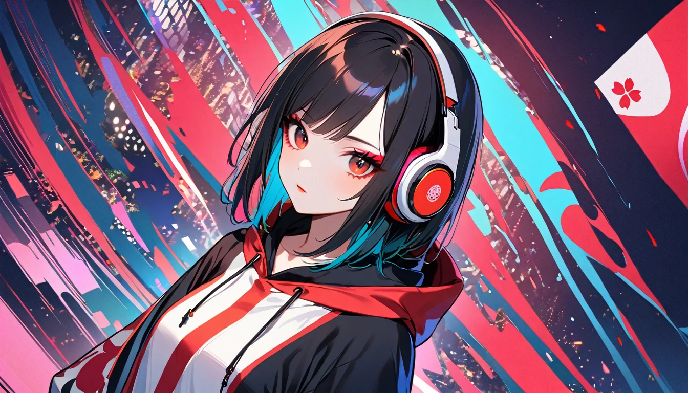 (((1 girl))), (((neon))), (((high angle shot))), (((Flashy makeup))), (((Japanese style headphones))), (((Japanese pattern hoodie))), (((Put on the hood))), Japan人の少女, Black Hair, Cyber Girl, Japan, Japanese flag, vivid color