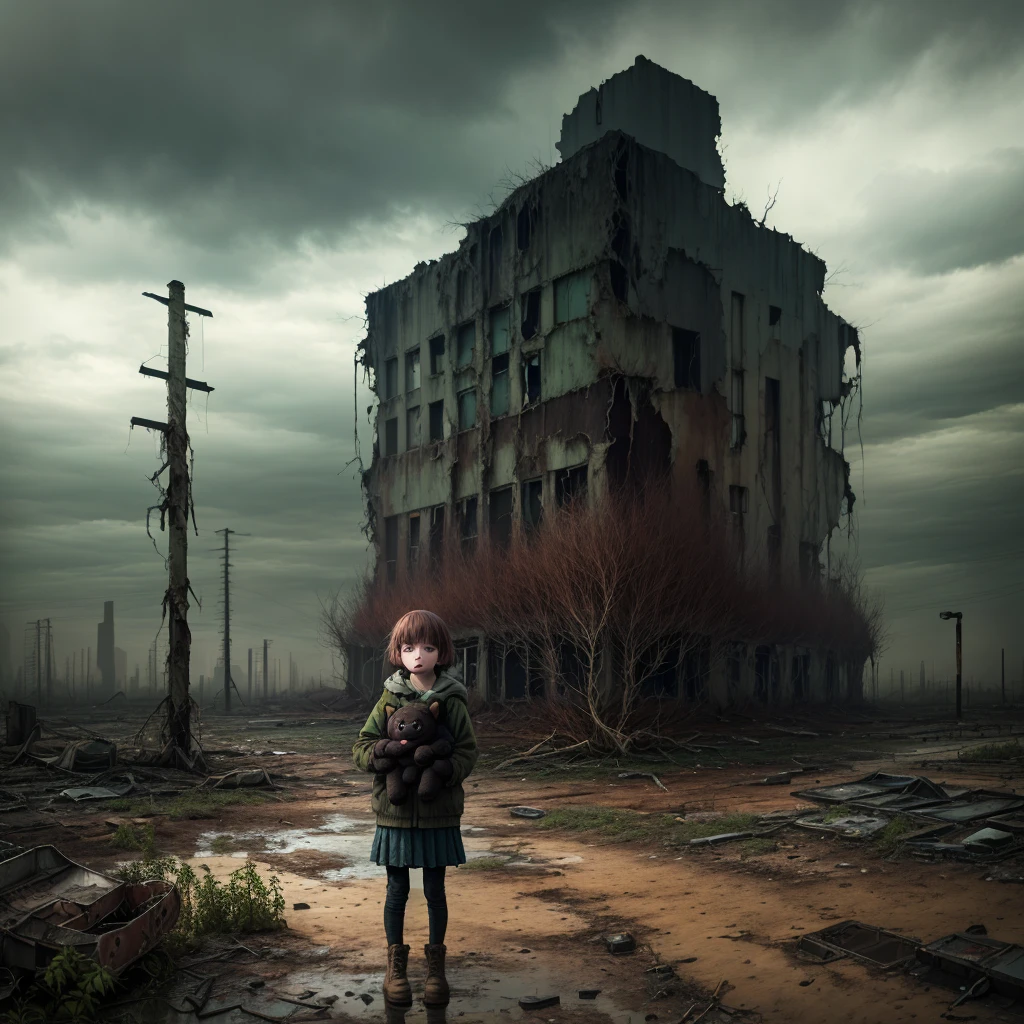a young girl holding a plush teddy bear, nuclear wasteland, plants reclaiming the territory, desolation, eerie atmosphere, (dark and gloomy:1.4), (loneliness:1.5), post-apocalyptic:1.2