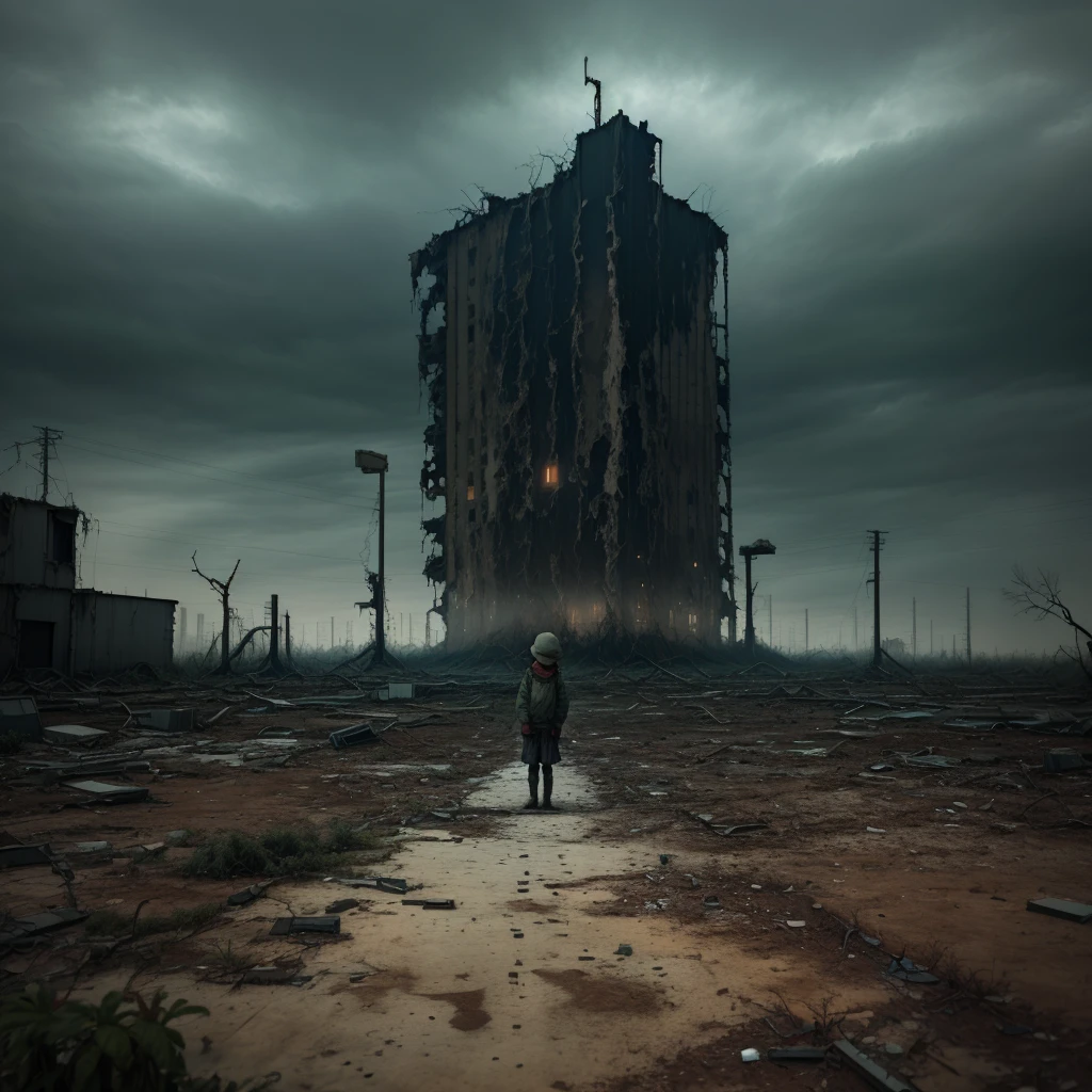 a young girl holding a plush teddy bear, nuclear wasteland, plants reclaiming the territory, desolation, eerie atmosphere, (dark and gloomy:1.4), (loneliness:1.5), post-apocalyptic:1.2