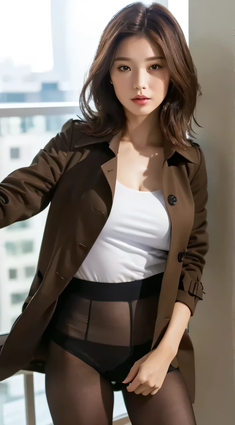 ((best quality, 8k, masterpiece :1.3)), whole body, sharp focus :1.2, beautiful woman，Perfect body :1.4, slim abs :1.2, ((dark brown hair,  :1.2)), tights :1.1, (city night view, Modern Balcony :1.1), Highly detailed facial and skin textures, delicate eyes, double eyelids, small bust, OL, office Wear, White T-shirt,  trench, (black pantyhose), (No), indoor scene, office