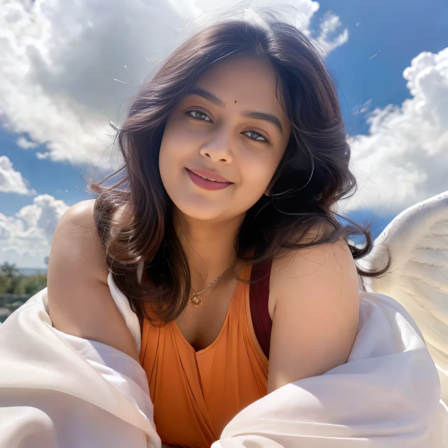 ((best quality)), ((masterpiece)), (detailed),Tejaswini Prakash, realistic,nude Indian women angel ,30 year, wearing no cloths, nude, snow white wings large,seductive smile,rounded medium breasts,pale white skin,chubby, visible vagin, seductive smile, nude, wavy flowing hair,alluring succubus, ethereal beauty, perched on a cloud, (fantasy illustration:1.3), enchanting gaze, captivating pose, delicate wings, otherworldly charm, mystical sky, (Luis Royo:1.2), (Yoshitaka Amano:1.1), vibrent colors, (detailed cloudscape:1.3), (high-resolution:1.2) ,in the bed room ,wearing a bracelet,smiling, (captivating eyes, red lips, flawless skin),front view ,super model, playboy model