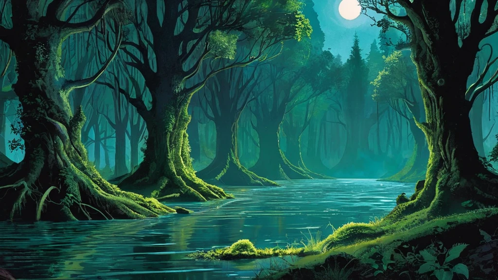 In the depths of a dark medieval forest, a narrow river winds its way through the dense, shadowy undergrowth. The water flows with a slow, deliberate current, reflecting the scant moonlight that filters through the thick canopy above. The banks of the river are lined with tangled roots and overgrown vegetation, adding to the sense of ancient mystery. The air is cool and damp, filled with the scent of wet earth and moss. Occasional ripples break the surface as unseen creatures stir beneath the water. The surrounding forest is still and silent, with only the soft murmur of the river and the distant call of nocturnal animals disturbing the oppressive calm. The scene exudes an eerie, otherworldly atmosphere, as if the river itself holds secrets and forgotten magic.