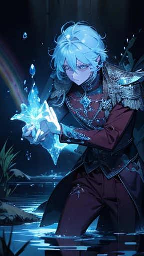 A muscular prince playing in water, haunting, mysterious, sadness, bioluminescent flowers on water, dark red outfit with rainbow crystals, magical, bioluminescent pond, dark room, dungeon, candle lights