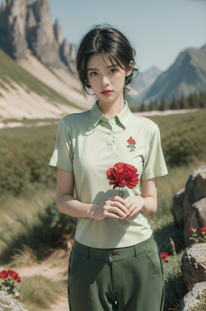 (((best quality))),(((ultra detailed))),(((masterpiece))),illustration,((1 beautiful girl,tomboy,solo)),(short black hair:1.3),((slim,thin)),((small breasts,thin)), vigorous, confident, (light green collared short-sleeved shirt:1.3), (dark green pants:1.2),(slender legs:1.2),(standing:1.3),simplicity, robustness, strong features, (Abandoned Gobi Scene:1.3),(Rock surface:1.2),glowing eyes, rebellious, sensible, (mountainous landscape:1.3), (beside a vibrant red flower:1.3),elegance, unyielding spirit, youthful beauty, strength, resilience, adversity, challenges,((from front,upper body))