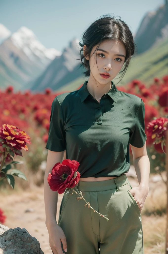 (((best quality))),(((ultra detailed))),(((masterpiece))),illustration,((1 beautiful girl,tomboy,solo)),(short black hair:1.3),((slim,thin)),((small breasts,thin)), vigorous, confident, (light green collared short-sleeved shirt:1.3), (dark green pants:1.2),(slender legs:1.2),(standing:1.3),simplicity, robustness, strong features, (Abandoned Gobi Scene:1.3),(Rock surface:1.2),glowing eyes, rebellious, sensible, (mountainous landscape:1.3), (beside a vibrant red flower:1.3),elegance, unyielding spirit, youthful beauty, strength, resilience, adversity, challenges,((from front,upper body))