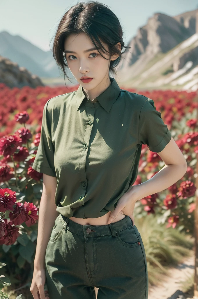 (((best quality))),(((ultra detailed))),(((masterpiece))),illustration,((1 beautiful girl,tomboy,solo)),(short black hair:1.3),((slim,thin)),((small breasts,thin)), vigorous, confident, (light green collared short-sleeved shirt:1.3), (dark green pants:1.2),(slender legs:1.2),(standing:1.3),simplicity, robustness, strong features, (Abandoned Gobi Scene:1.3),(Rock surface:1.2),glowing eyes, rebellious, sensible, (mountainous landscape:1.3), (beside a vibrant red flower:1.3),elegance, unyielding spirit, youthful beauty, strength, resilience, adversity, challenges,((from front,upper body))
