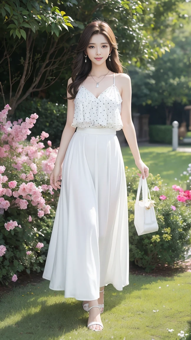 (Highest quality、 8k 、masterpiece、High resolution)、Young lovely woman、Ample 、Smooth and unnoticeable collarbone、Slender beauty、(Brown hair medium、My hair is blowing in the wind、Flows backwards)、Full Body Shot、 (Beautiful Face,Beautiful Eyes,Beautiful nose,Pretty lips)、(Stephanie hoove earrings、silver heart necklace)、((Black tops、White and monochrome dot long skirt(Ankle length))、Her mouth opens slightly and a smile appears.、Pause、Outdoor、(A Western-style garden filled with blooming flowers)、A red brick building is visible、Colorful flowers、Vibrant colors、The red stands out、looking at the camera、Professional Lighting、Professional photographer、Detailed CG、