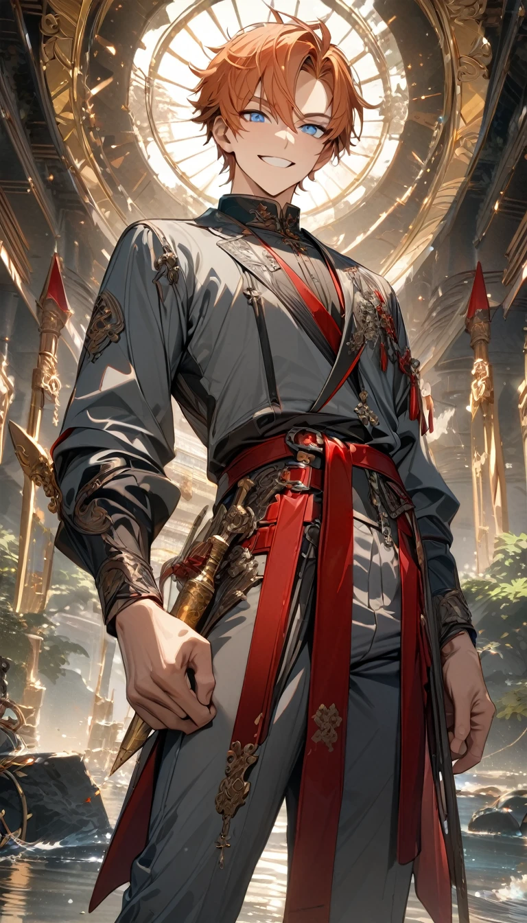 adult man, male, boy, short ginger hair, blue eye, smile, gray Chinese jacket, gray tight trousers, golden elements, red belt, water daggers, Masterpiece, best quality, Full HD, 8k, ultra details, great graphic