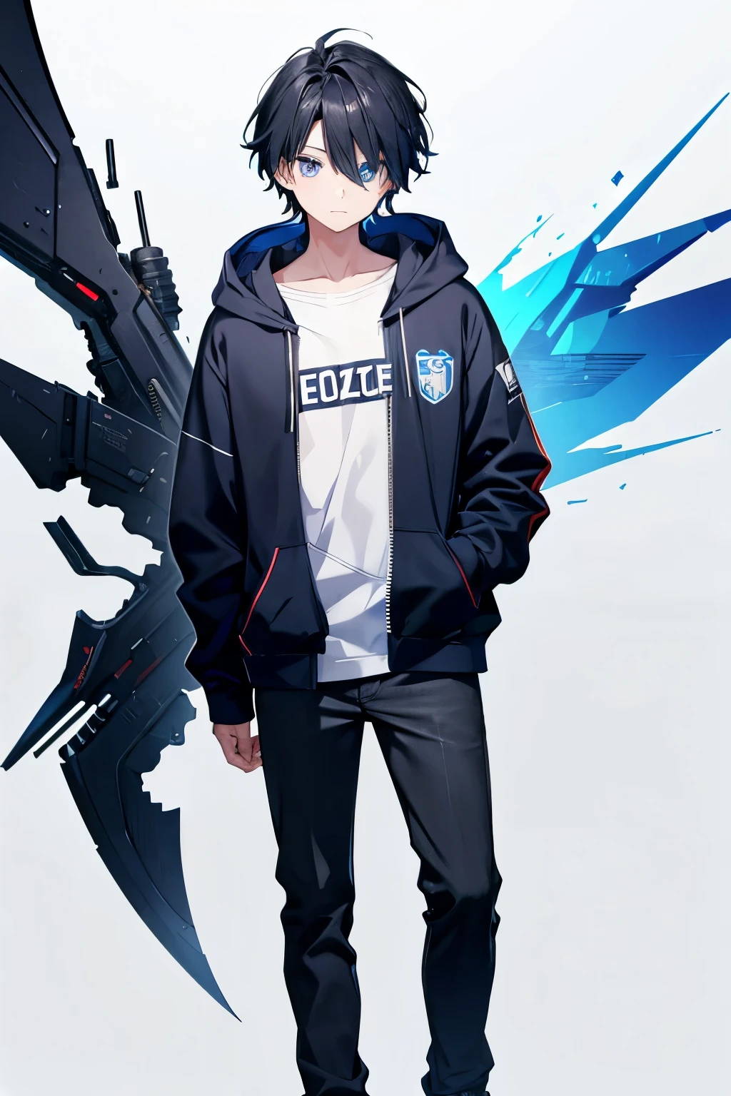Black hair teen boy with blue eyes wearing blue hoodie. One eye is covered in hair. No background. full body