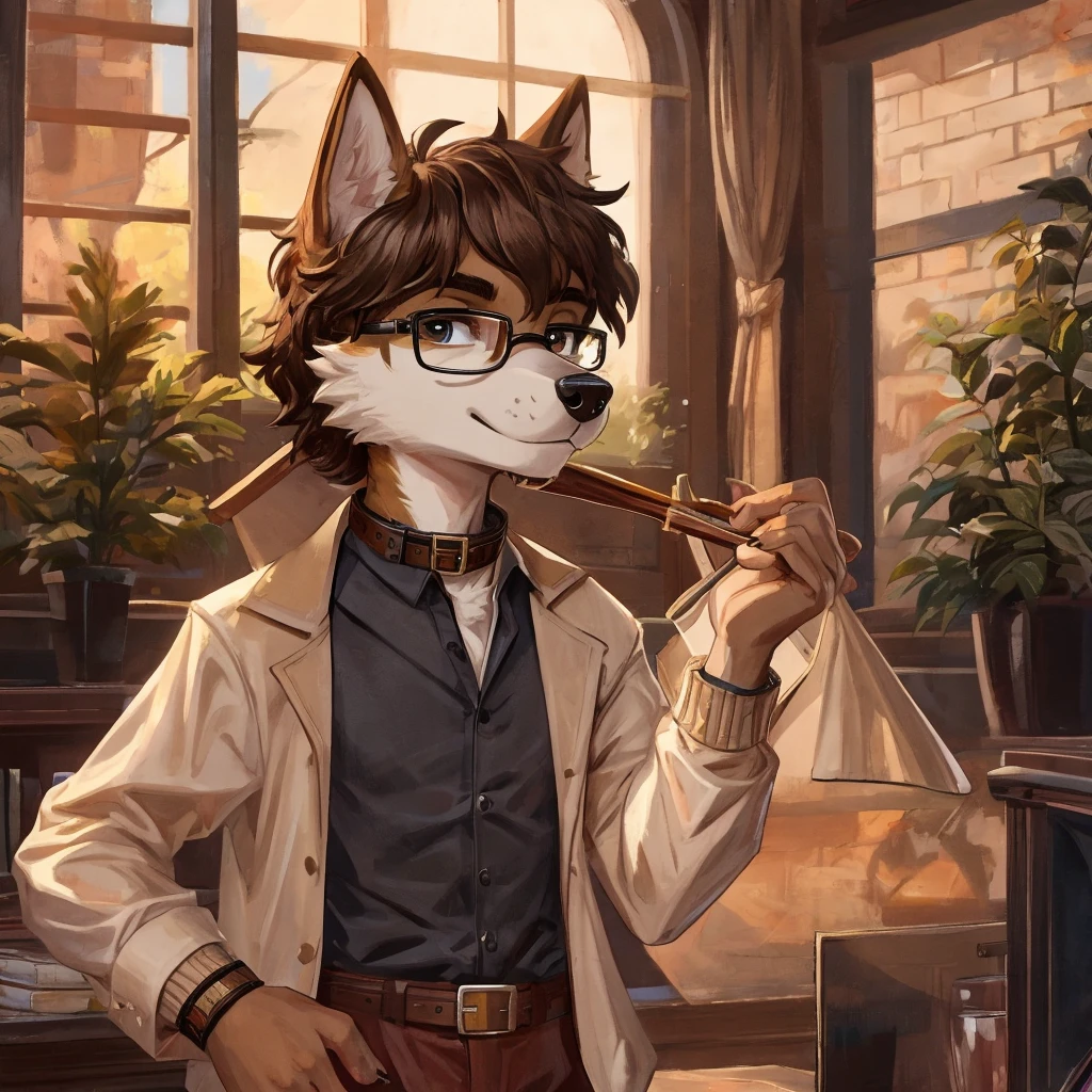 13 year old anthro Germanshepherd male
Haves brown messy hair(high-quality) wears brown collar shirt with long sleeves and wear black glasses and have brown fur and haves white fur under his snout