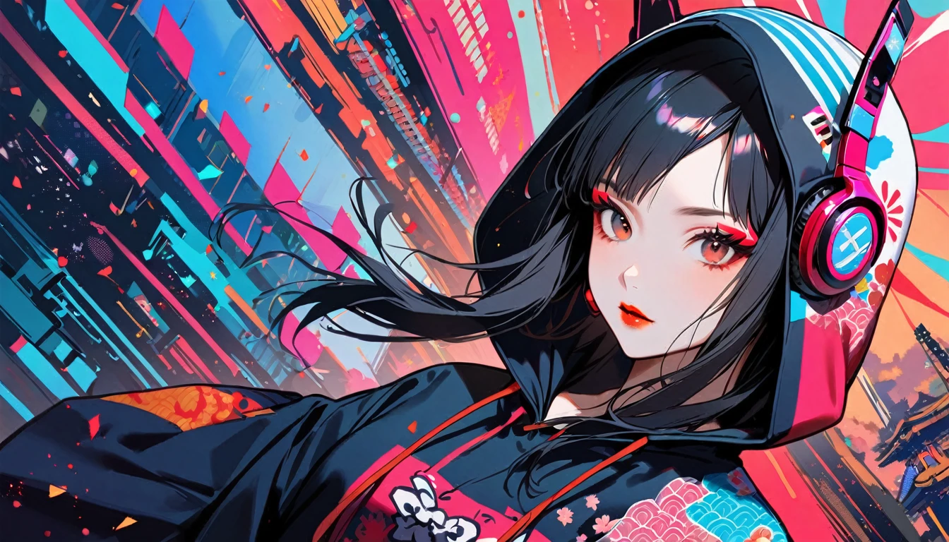 (((1 girl))), (((neon))), (((high angle shot))), (((Flashy makeup))), (((Japanese style headphones))), (((Japanese pattern hoodie))), (((Put on the hood))), Japan人の少女, Black Hair, Cyber Girl, Japan, Japanese flag, vivid color