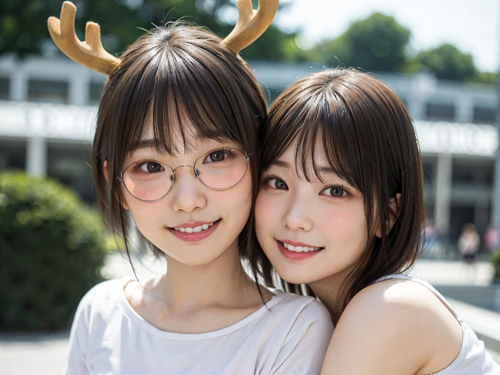 masterpiece, Highest quality, Portrait of a Girl,Japanese girl wearing casual clothes at the shopping mall, Looking at the audience, posing with a smile (Highest quality, masterpiece))), High resolution, Very detailed, masterpiece, Cinema Lighting, (8k, Highest quality, masterpiece: 1.2), (Realistic, photoRealistic: 1.37) High resolution, Very detailedな, 1 girl, Woman wearing glasses, Deer antlers on either side of the head,Round glasses with thin frames, Light colored glasses frames, Asian, cute, cute face, alone, short hair 1.2, Rough skin, beautiful smile, Beautifully detailed skies, Details Cafe, night, Cinema Lighting, Written boundary depth, Lens flare light, Sitting, On a date, (blush), (smile: 1.15), Small breasts (Shut your mouth.), Beautiful eyes in every detail, (short hair: 1.2), Floating Hair Nova Frog Style,耳の横に鹿の大きいツノ