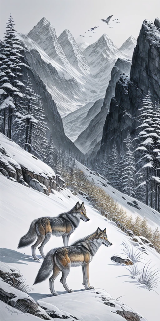 Wolves raising their young in the mountains, beautiful scenery, calm expression, summer mountain, golden eyes, top quality, realistic, dignified々Strong, strong, white and gray, ink painting, sketch, photo, great work, detailed, ingenious, landscape painting