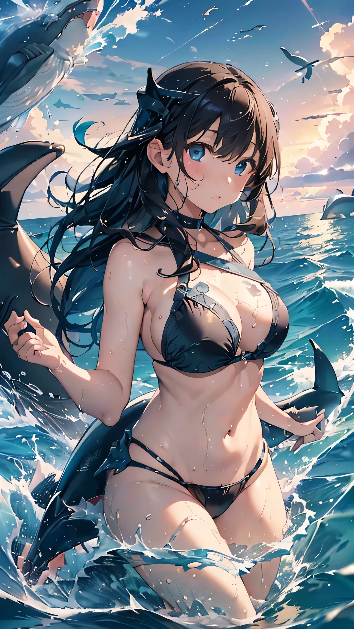 最high quality、Best image quality、masterpiece、With a girl((cute、、Best Bust、Medium Bust、Beautiful Blue Eyes、Spread your chest wide,Black Hair、Disheveled Hair、thin、Highest Valley、Black Bikini(1:2)、My whole body is wet、swim、Sea Floating、Have a cider))high quality、Beautiful art、background((Sea、deep sea、shark、Space Sky、Whales、Dolphin)),Tabletop、Exquisite design、Visual Arts、Written boundary depth、Best lighting、Highest detail、8k