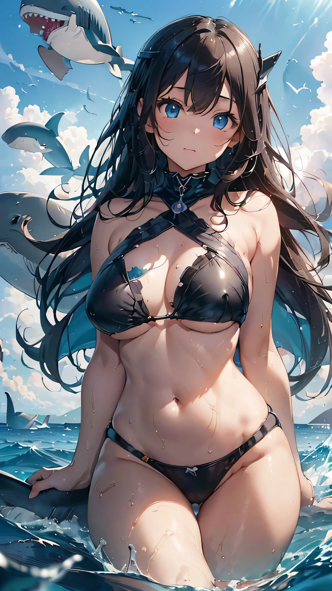 最high quality、Best image quality、masterpiece、With a girl((cute、16 years old、Best Bust、Medium Bust、Beautiful Blue Eyes、Spread your chest wide,Black Hair、Disheveled Hair、thin、Highest Valley、Black Bikini(1:2)、My whole body is wet、swim、Sea Floating、Have a cider)）high quality、Beautiful art、background((Sea、deep sea、shark、Space Sky、Whales、Dolphin)),Tabletop、Exquisite design、Visual Arts、Written boundary depth、Best lighting、Highest detail、8ｋ
