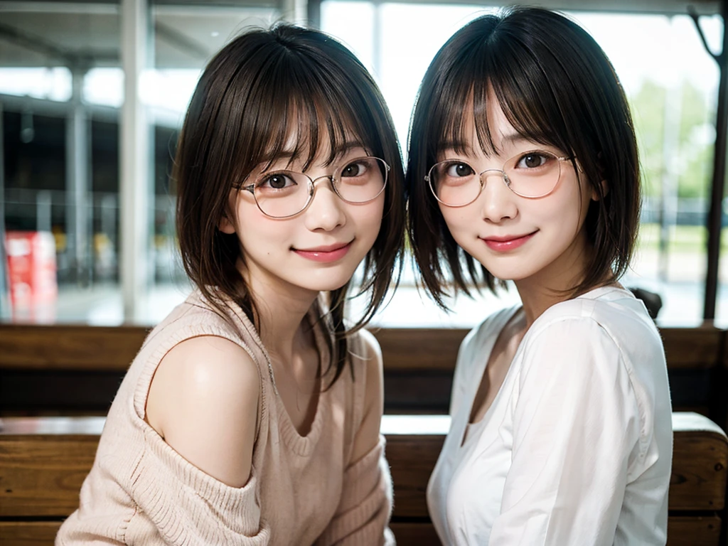 masterpiece, Highest quality, Portrait of a Girl,Japanese girl wearing casual clothes at the shopping mall, Looking at the audience, posing with a smile (Highest quality, masterpiece))), High resolution, Very detailed, masterpiece, Cinema Lighting, (8k, Highest quality, masterpiece: 1.2), (Realistic, photoRealistic: 1.37) High resolution, Very detailedな, 1 girl, Woman wearing glasses, Deer antlers on either side of the head,Round glasses with thin frames, Light colored glasses frames, Asian, cute, cute face, alone, short hair 1.2, Rough skin, beautiful smile, Beautifully detailed skies, Details Cafe, night, Cinema Lighting, Written boundary depth, Lens flare light, Sitting, On a date, (blush), (smile: 1.15), Small breasts (Shut your mouth.), Beautiful eyes in every detail, (short hair: 1.2), Floating Hair Nova Frog Style,耳の横に鹿の大きいツノ