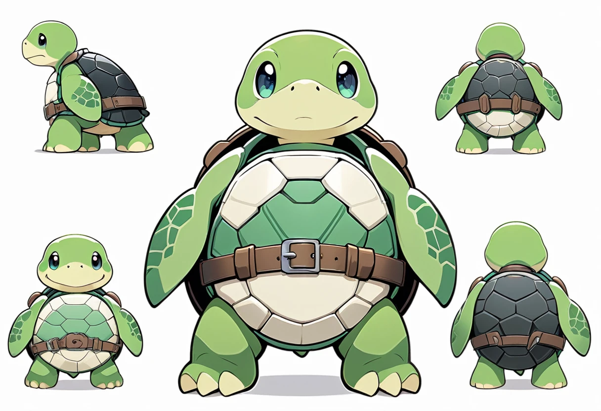 Turtle mascot design,front、back face、Three on the side,cute,Pure white background,iron belt