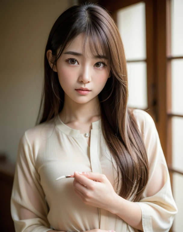 Highest quality, Face Focus, Soft Light, Ultra-high resolution, (Realistic:1.4), RAW Photos,
1 Japanese girl, alone, cute, (pupil, Light in your eyes), Beautiful face in every detail, (Small box),(High resolution detail of human skin texture),
(Long Hair),
indoor,
Damask Shirt Dress,
(Portraiture)