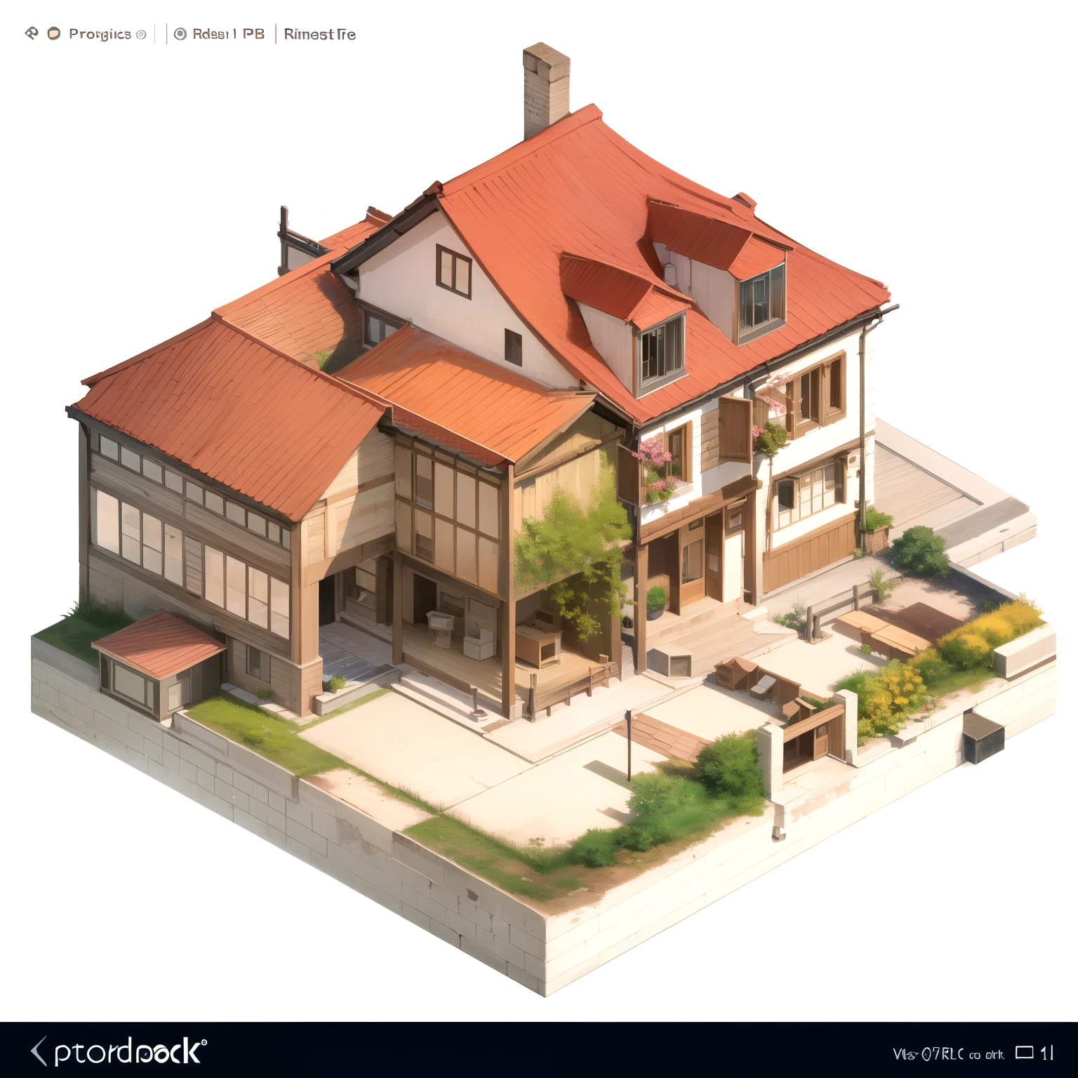 house,White background ,Isometric projection，One floor