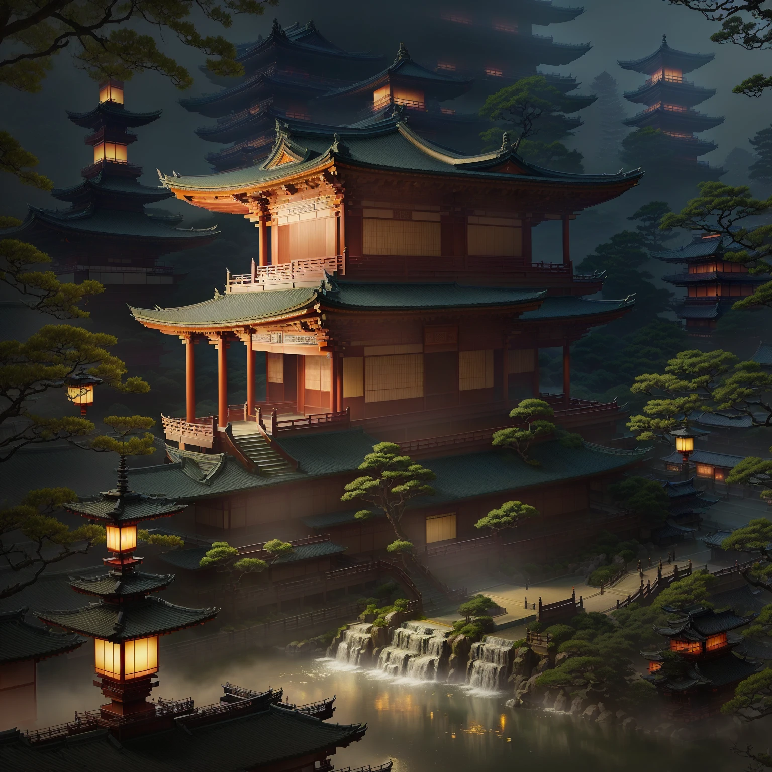 Alafeda Tower in the Japanese Garden，There are waterfalls and lanterns, Digital painting of pagoda, Japanese temples, Zen temple background, cyberpunk Japanese temples, Chinese architecture, Kyoto inspiration, Beautiful digital art work, Amazing wallpapers, Japanese architecture, Beautiful rendering of the Tang Dynasty, Detailed Landscape—Width 672, Chinese Palace, japanese shrine waterfall, Beautiful and detailed scenes，((There is a terrace in the foreground1.8)) ，((low angle shot 1.7)) 