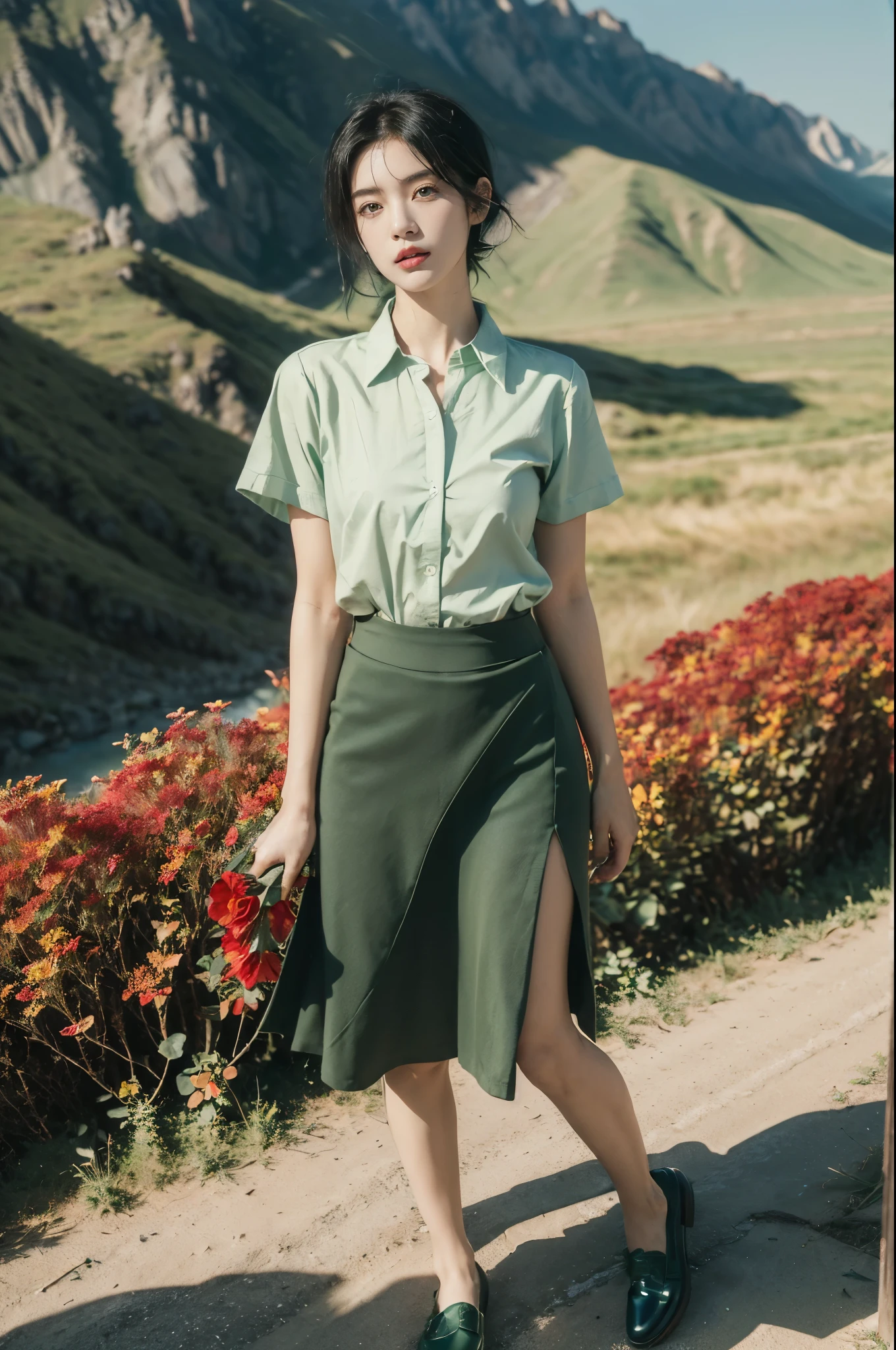 (((best quality))),(((ultra detailed))),(((masterpiece))),illustration,((1 beautiful girl,tomboy,solo)),(short black hair:1.3),((slim,thin)),((small breasts,thin)), vigorous, confident, (light green collared short-sleeved shirt:1.3), (dark green skirt:1.2),(slender legs:1.2),(black loafers:1.2),(standing:1.3),simplicity, robustness, strong features, (Abandoned Gobi Scene:1.3),(Rock surface:1.2),glowing eyes, rebellious, sensible, (mountainous landscape:1.3), (beside a vibrant red flower:1.3),elegance, unyielding spirit, youthful beauty, strength, resilience, adversity, challenges,((from front,full body))