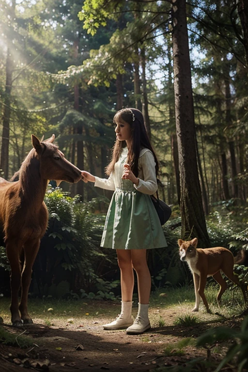 Illustration for a fairy tale about a girl, standing in the forest, who can talk to animals