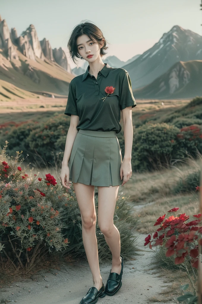 (((best quality))),(((ultra detailed))),(((masterpiece))),illustration,((1 beautiful girl,tomboy,solo)),(short black hair:1.3),((slim,thin)),((small breasts,thin)), vigorous, confident, (light green collared short-sleeved shirt:1.3), (dark green skirt:1.2),(slender legs:1.2),(black loafers:1.2),(standing:1.3),simplicity, robustness, strong features, (Abandoned Gobi Scene:1.3),(Rock surface:1.2),glowing eyes, rebellious, sensible, (mountainous landscape:1.3), (beside a vibrant red flower:1.3),elegance, unyielding spirit, youthful beauty, strength, resilience, adversity, challenges,((from front,full body))